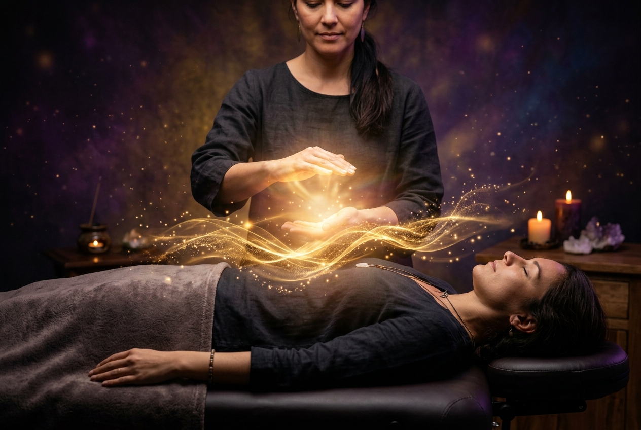 Sesión de Reiki y sanación energética con luz dorada