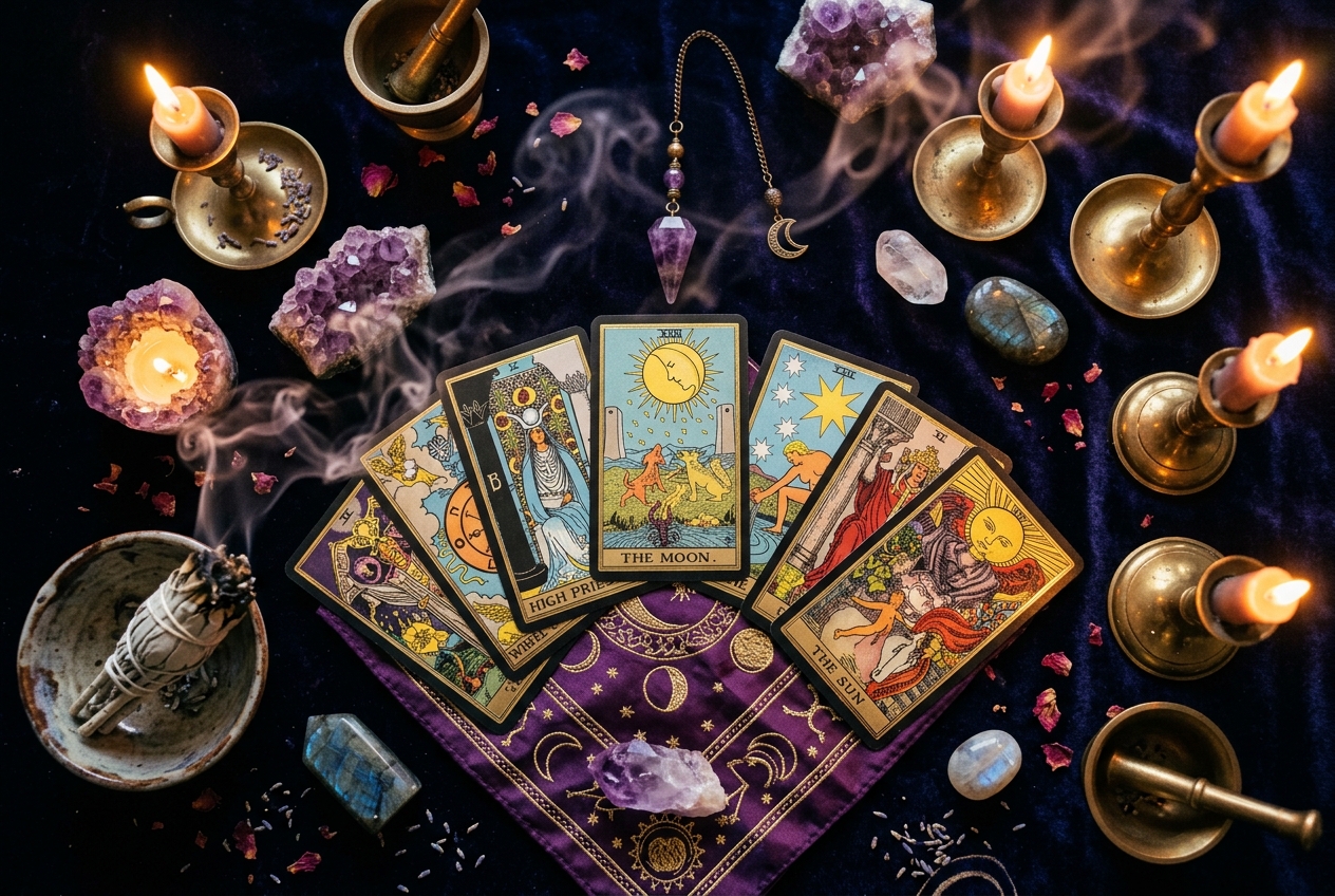 Lectura de tarot con cartas, cristales y velas