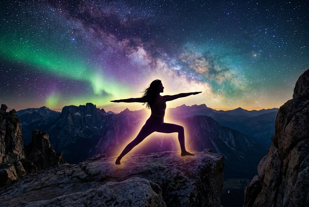 Práctica de yoga en la naturaleza bajo la luz cósmica